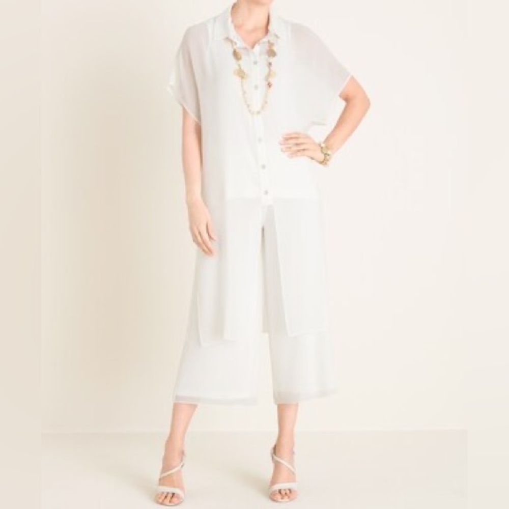 Chico's by Marla Wynne Chiffon Ivory Long Tie-Front Tunic/Duster Size M EUC - Picture 2 of 12